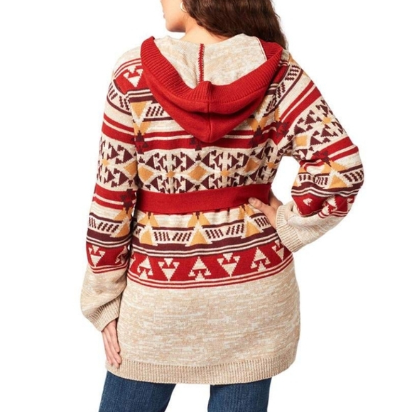 Wrangler Retro Cardigan With Hood Belt Size Large Oatmeal Aztec Print Western - Picture 2 of 13